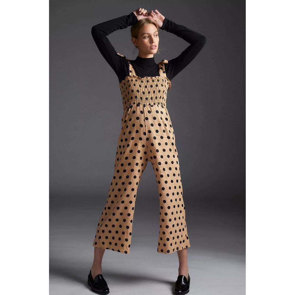 Faithfull The Brand Emelda Polka Dot Smocked Jumpsuit Linen Wide Leg US 6 M Boho